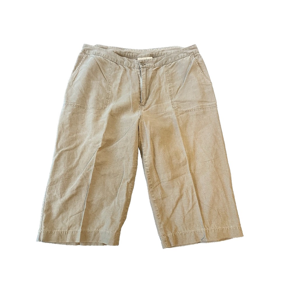 Linen Blend Womens Beige Capri Pants 14 Coastal Vacation Summer Cottagecore